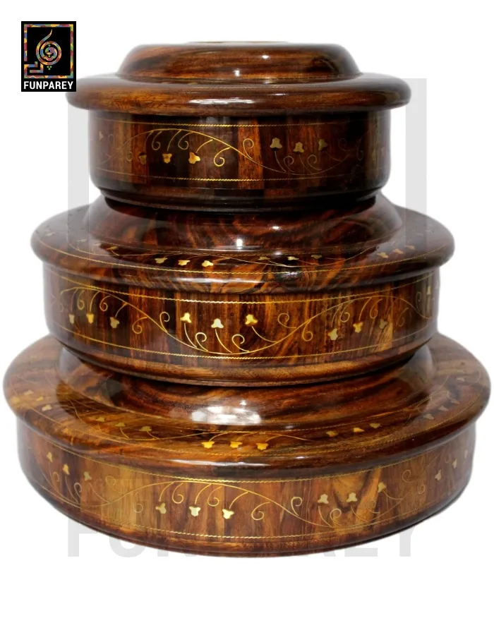 Premium Wooden Dry Fruit Bowl Set With Brass Work (3 Pieces)