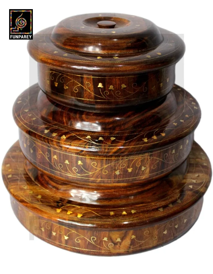 Premium Wooden Dry Fruit Bowl Set With Brass Work (3 Pieces)