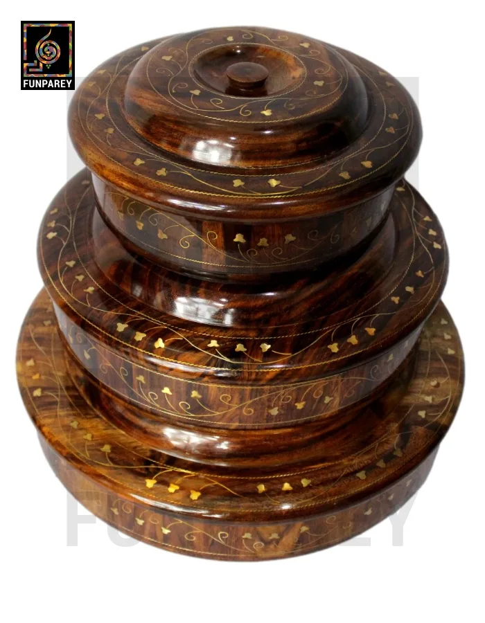 Premium Wooden Dry Fruit Bowl Set With Brass Work (3 Pieces)