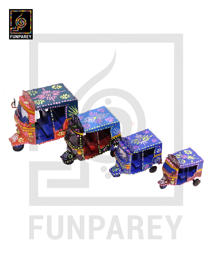 Handmade Metallic Colorful Truck Art Rickshaw Set (4 Piece)