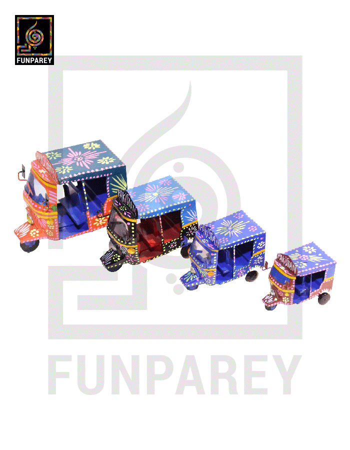 Handmade Metallic Colorful Truck Art Rickshaw Set (4 Piece)
