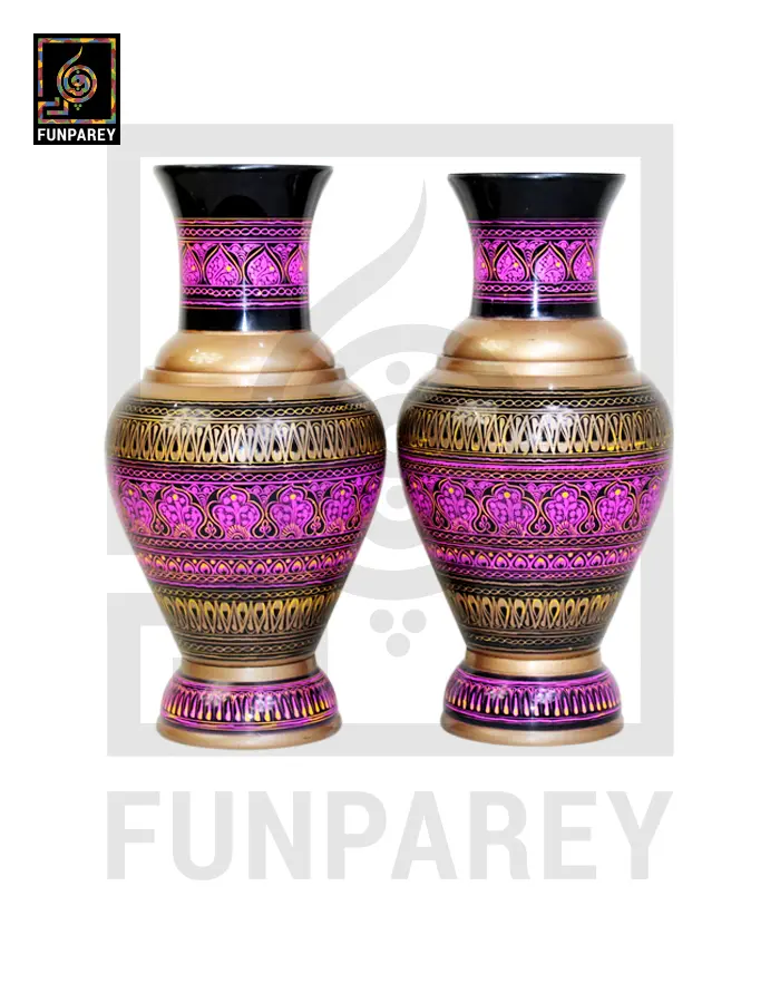 Handmade Wooden Vase Pair with Nakshi Art – 13″ Majenta
