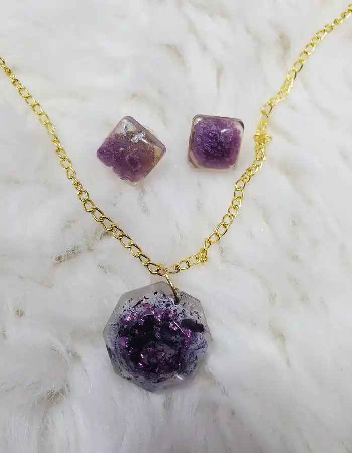 Resin Jewellery Set - Faux Amethyst Pendant & Earrings