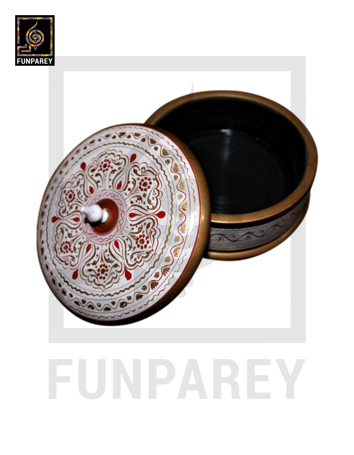 Wooden Candy Bowl 6″ with Nakshi Art Flat Surface White