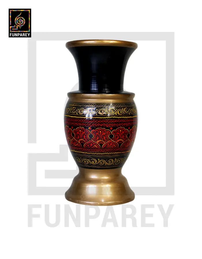 Wooden Flower Pot With Nakshi Art – 9″ Red And Gold
