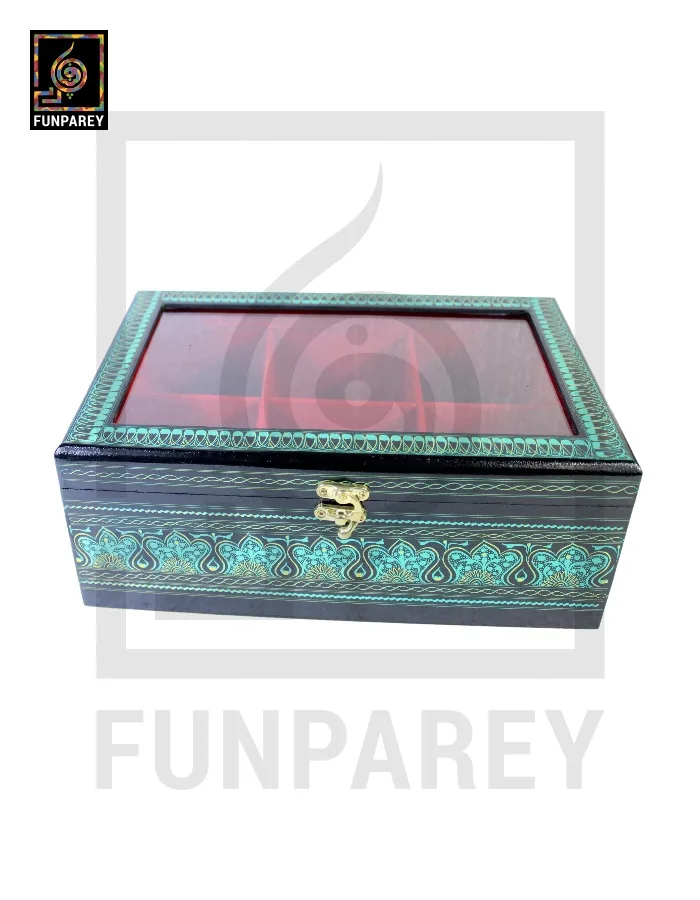Wooden Jewelry Box with Partitions & Window 8/12 with Lacquer Art