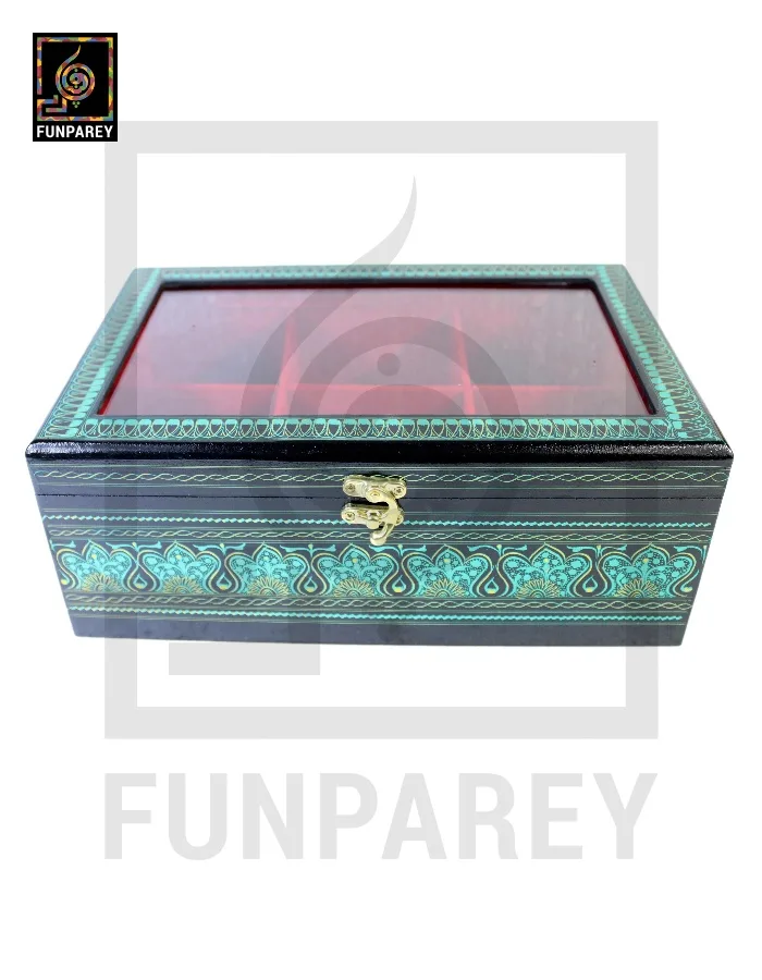 Wooden Jewelry Box with Partitions & Window 8/12 with Lacquer Art