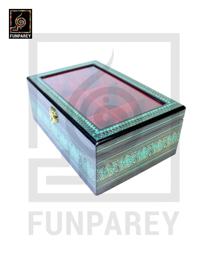 Wooden Jewelry Box with Partitions & Window 8/12 with Lacquer Art