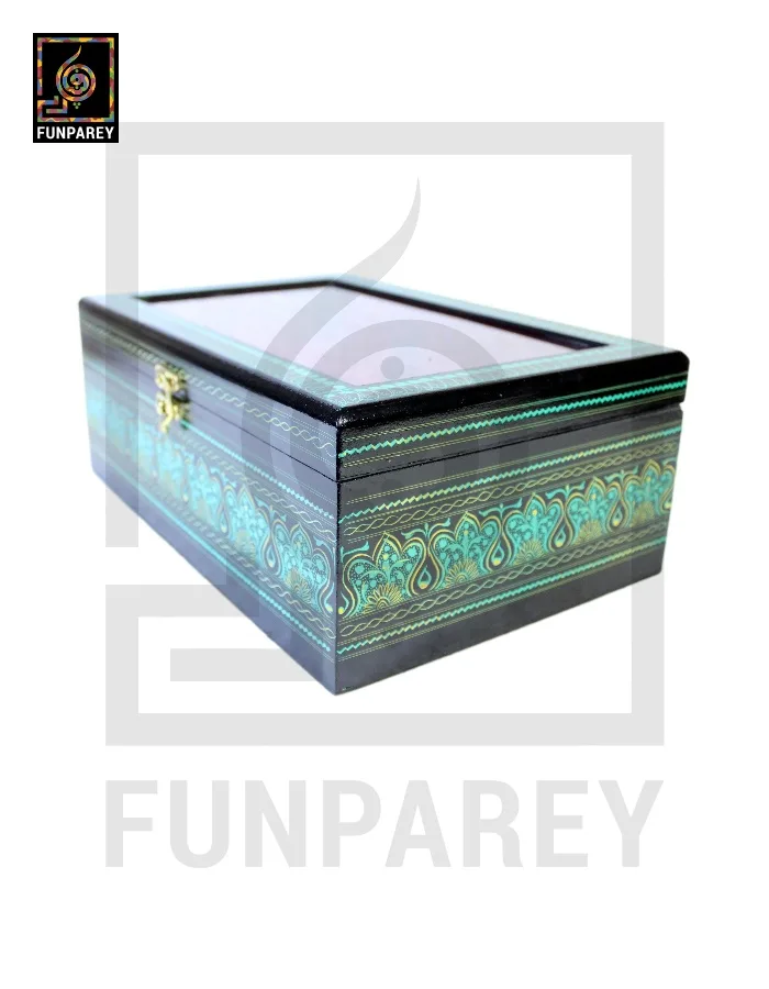 Wooden Jewelry Box with Partitions & Window 8/12 with Lacquer Art