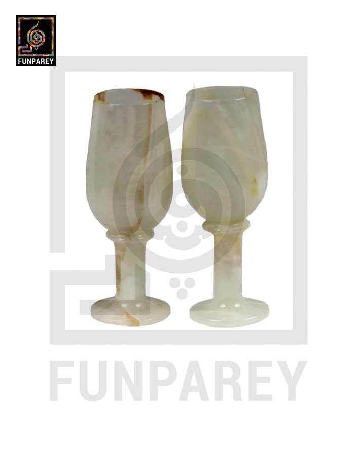 White Onyx Stone Wine Glass Pair 8″