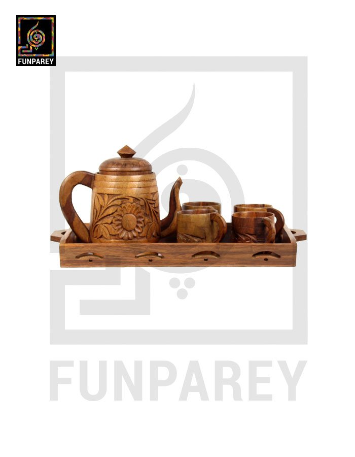 Hand Carved Wooden Tea Set (6 Cups and a Kettle)