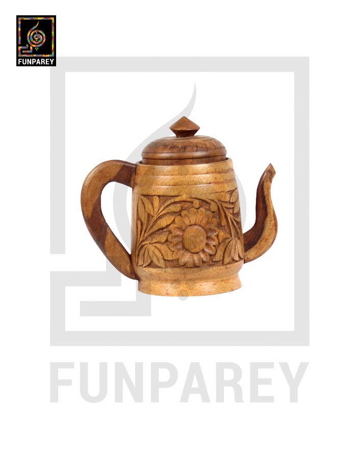 Hand Carved Wooden Tea Set (6 Cups and a Kettle)