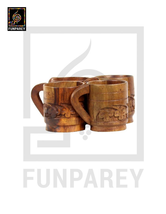 Hand Carved Wooden Tea Set (6 Cups and a Kettle)