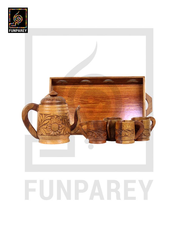 Hand Carved Wooden Tea Set (6 Cups and a Kettle)