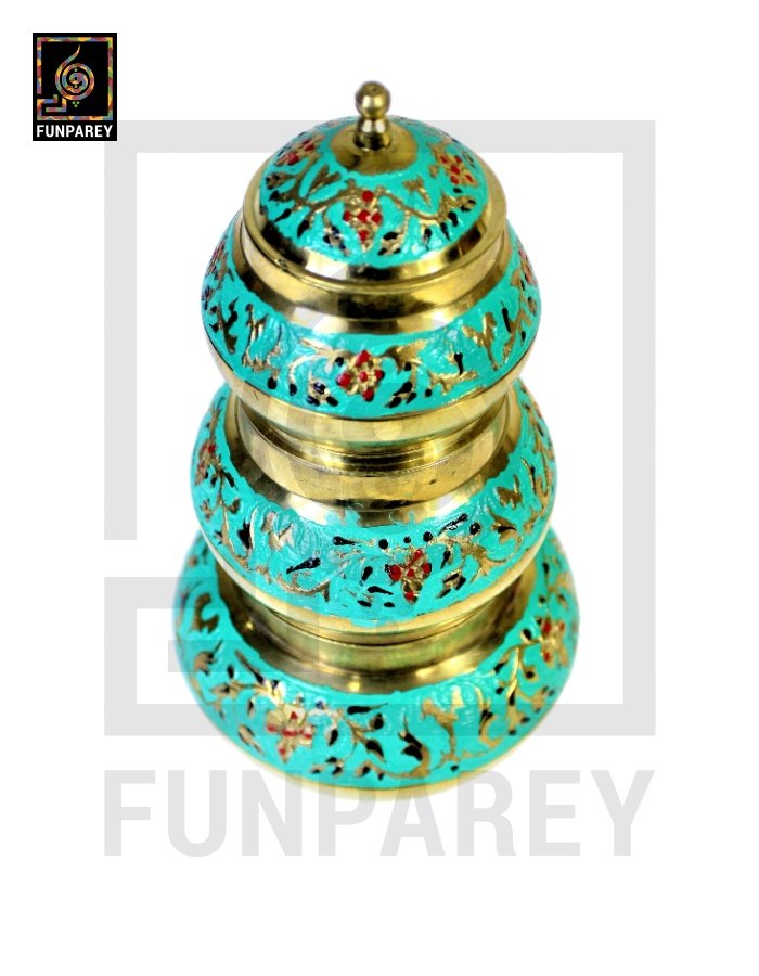 Antique Brass Colorful Candy Bowl Set with Etched Motif – Green