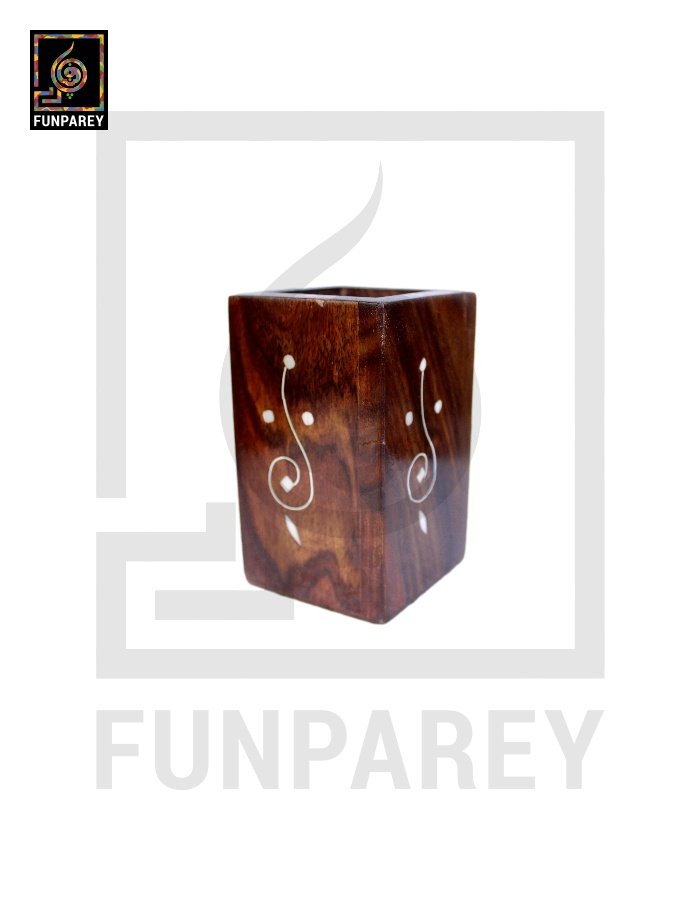 Hand Carved Square Shaped Wooden Accessory jar with White Work