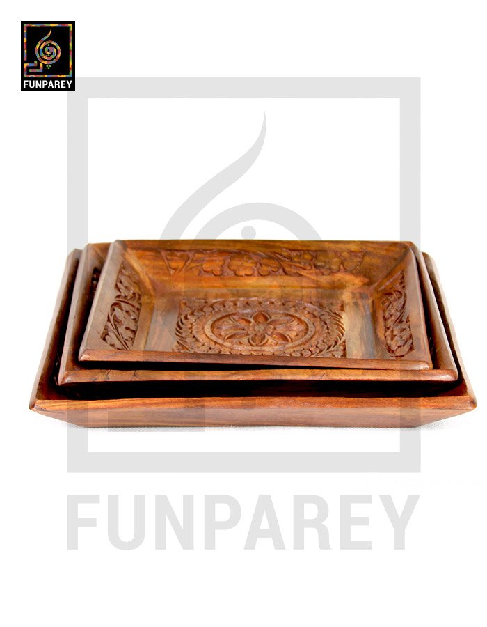 Hand Carved Wooden Tray Set Square (3 Pieces)