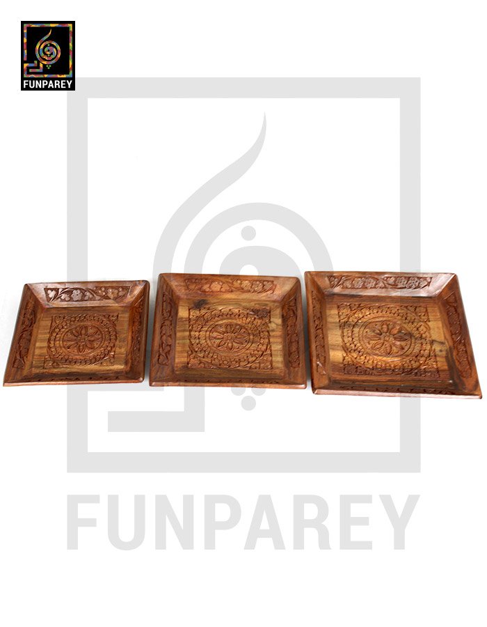 Hand Carved Wooden Tray Set Square (3 Pieces)
