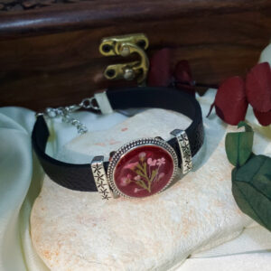 Crimson Bloom Leather Strap Bracelet