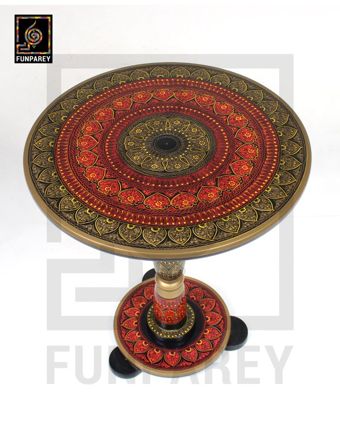 Wooden Table with Nakshi Art – 16″ Red