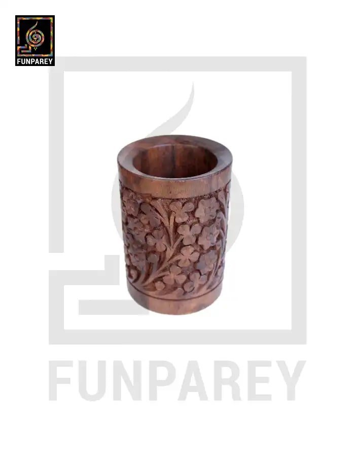 Hand Carved Cylindrical Wooden Accessory Jar