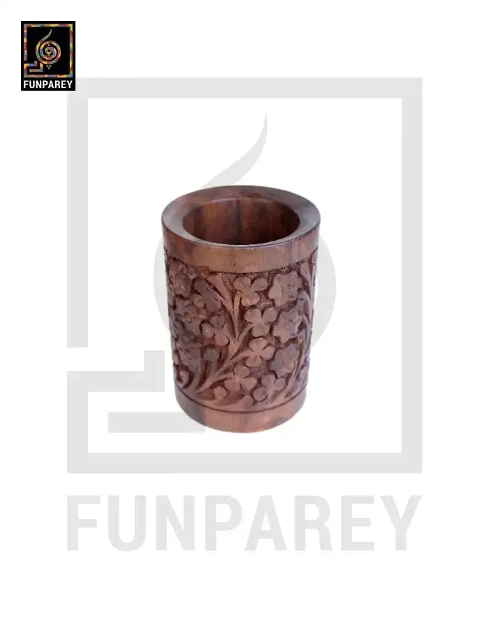 Hand Carved Cylindrical Wooden Accessory Jar