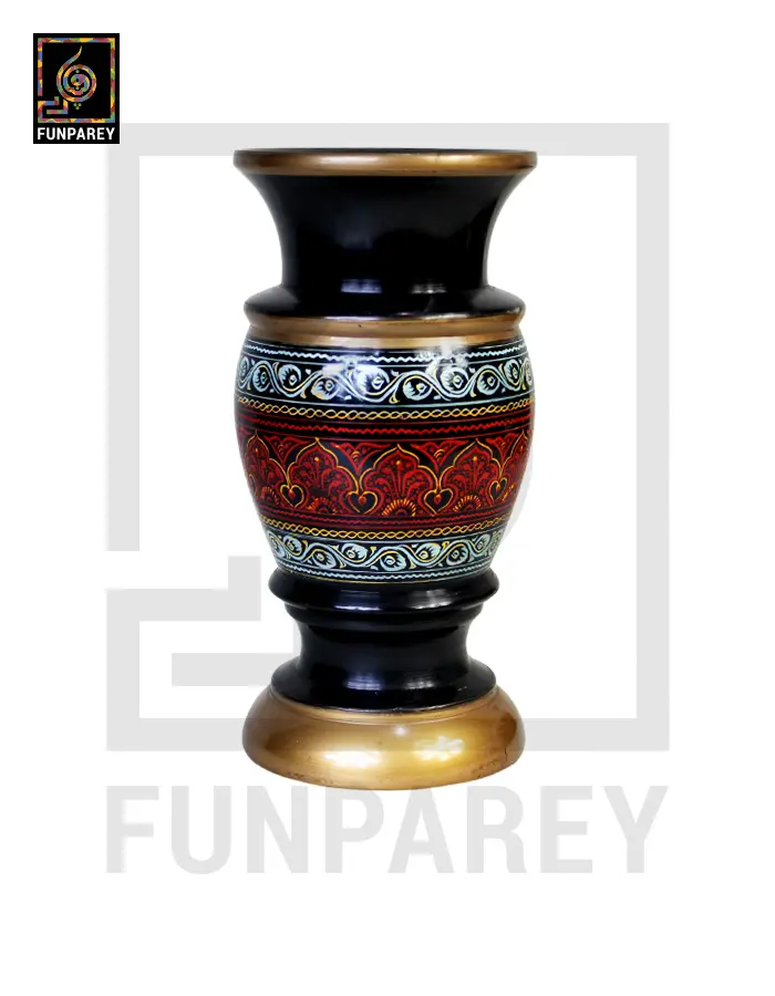 Wooden Flower Pot With Nakshi Art – 9″ Red And Black